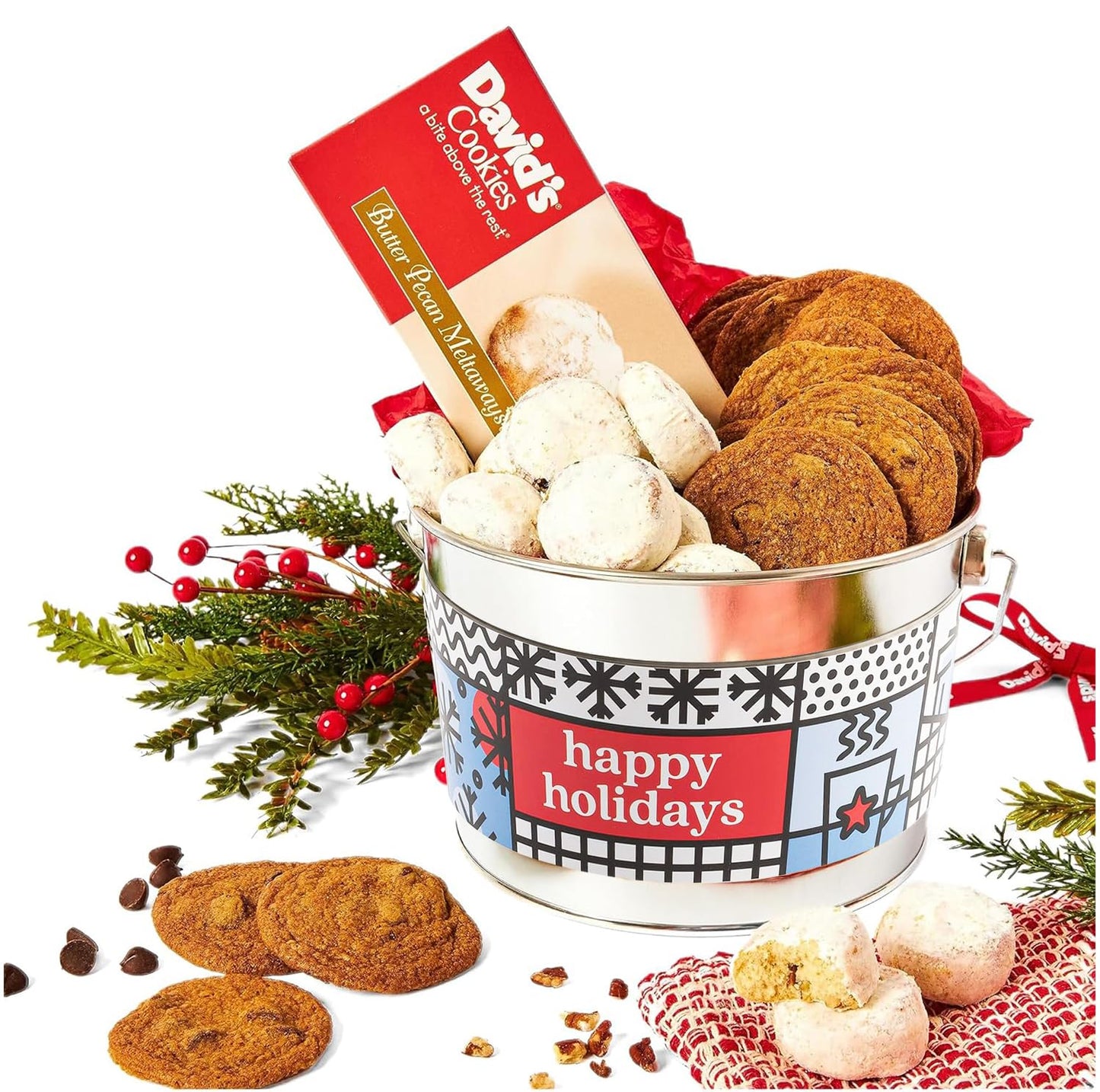 Happy Holidays Thin & Crispy Chocolate Chip Cookies and Butter Pecan Meltaways Bucket