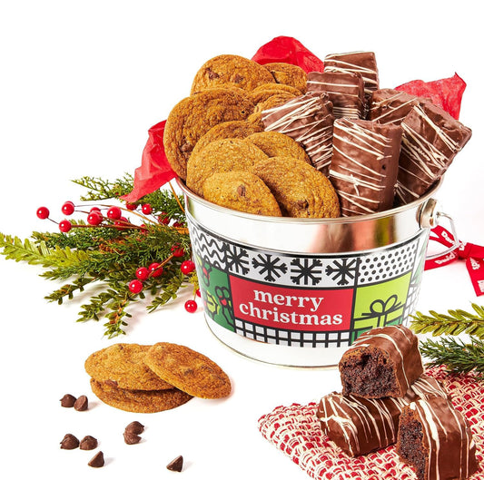 Merry Christmas Enrobed Brownies and Thin Crispy Cookies Bucket