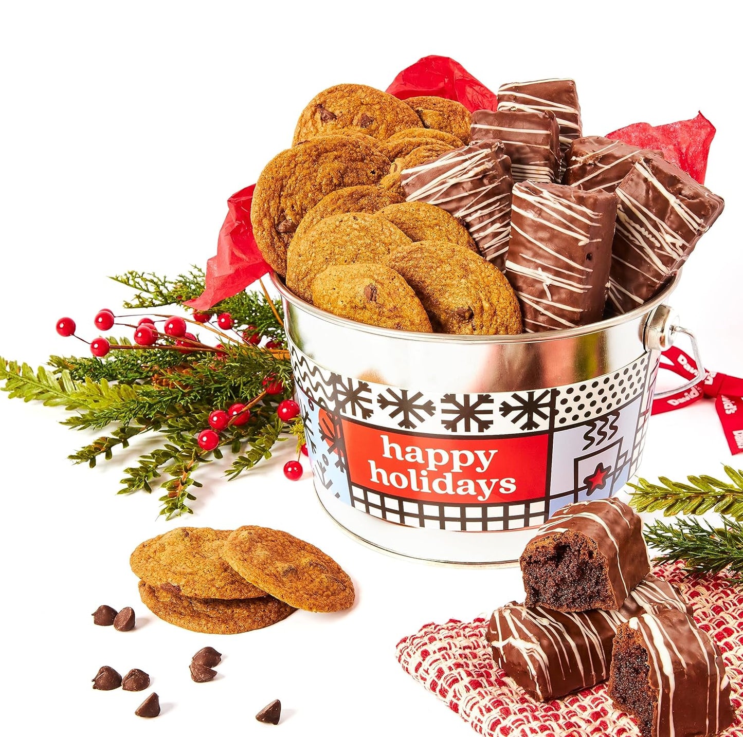 Happy Holidays Cookies and Enrobed Brownie Bucket