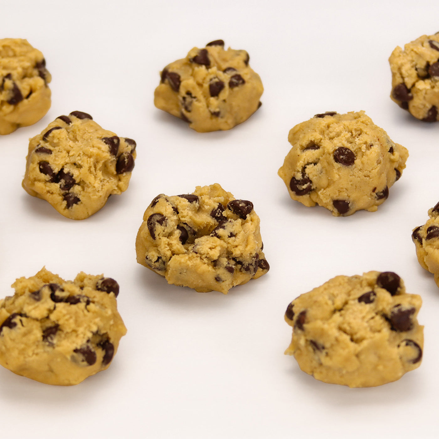 Chocolate chip cookie dough balls on a white background