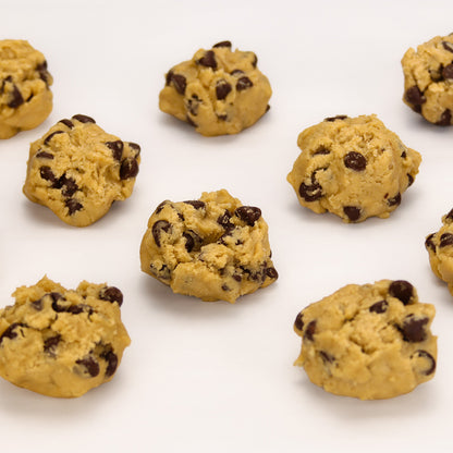 Chocolate chip cookie dough balls on a white background