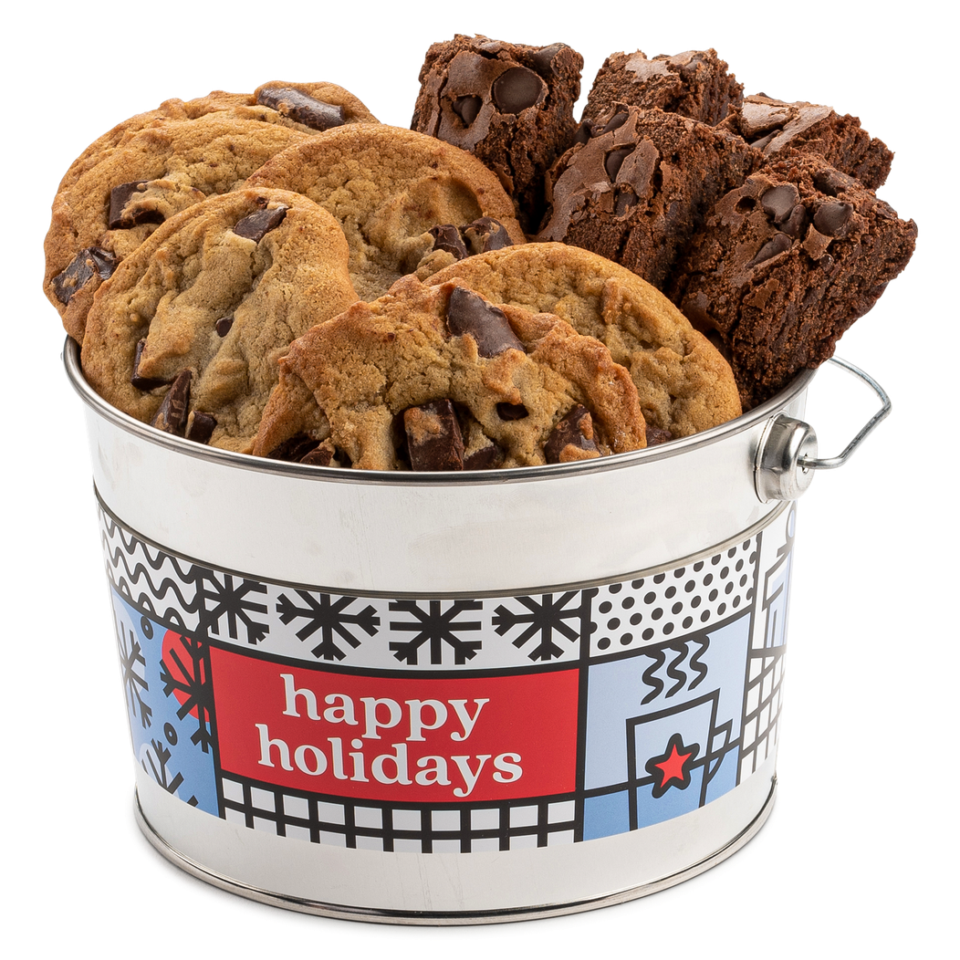 Happy Holidays Chocolate Chip Cookie and Brownie Sampler Bucket