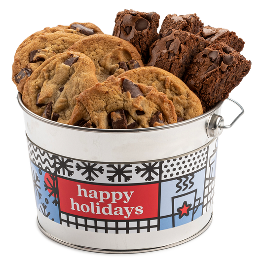 Happy Holidays Chocolate Chip Cookie and Brownie Sampler Bucket