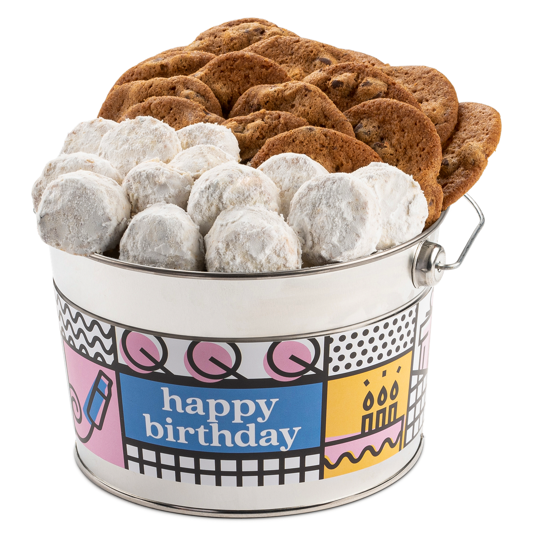 Happy Birthday Thin & Crispy Chocolate Chip Cookies and Butter Pecan Meltaways Bucket