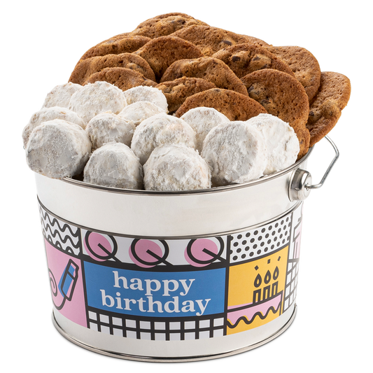 Happy Birthday Thin & Crispy Chocolate Chip Cookies and Butter Pecan Meltaways Bucket